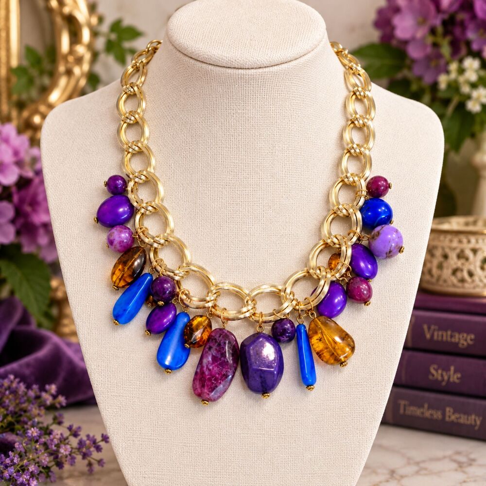 Chunky Gold Tone Jewel Color Charm Statement Necklace